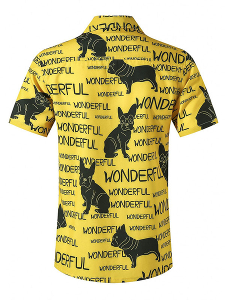 Milanoo Casual Shirt For Man Turndown Collar Casual Words Print Yellow Men's Shirts