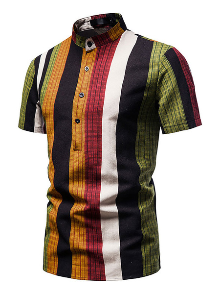Milanoo Casual Shirt For Man Stand Collar Classic Stripes Orange Men's Shirts