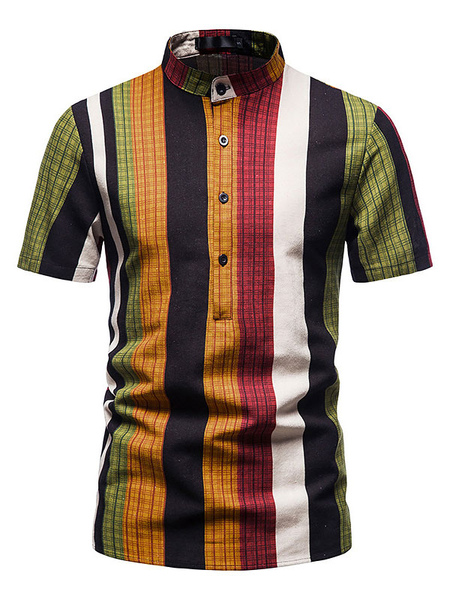 Milanoo Casual Shirt For Man Stand Collar Classic Stripes Orange Men\\'s Shirts