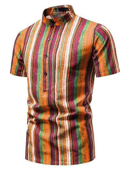 Milanoo Casual Shirt For Man Turndown Collar Classic Printed Orange Men's Shirts