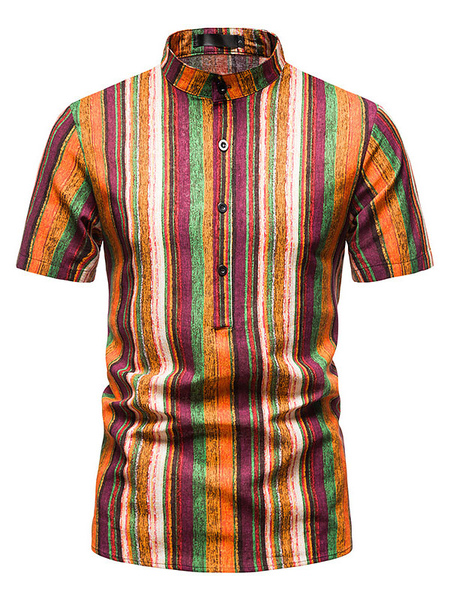 Milanoo Casual Shirt For Man Turndown Collar Classic Printed Orange Men\\'s Shirts