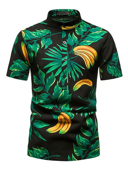 Milanoo Casual Shirt For Man Stand Collar Classic Fruit Pattern Black Men's Shirts