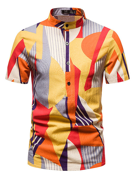 Milanoo Casual Shirt For Man Stand Collar Classic Printed Orange Men's Shirts