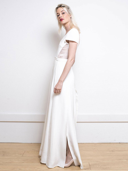 Milanoo White Simple Wedding Dress Satin Fabric V-Neck Short Sleeves Backless Split Front A-Line Lon