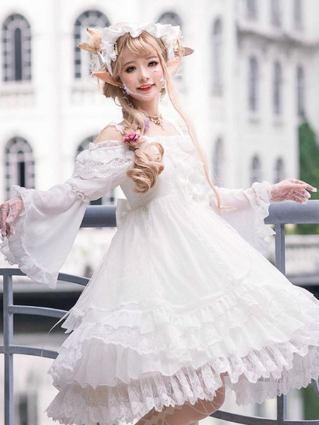 Tea Party Style Lolita JSK Dress Neverland Floral Print Pattern RufflesÂ Bows White Sweet Lolita Jumper Skirts