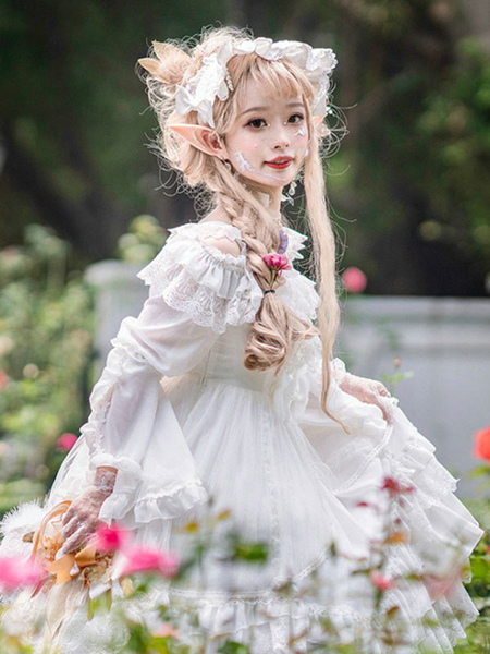 Tea Party Style Lolita JSK Dress Neverland Floral Print Pattern RufflesÂ Bows White Sweet Lolita Jumper Skirts
