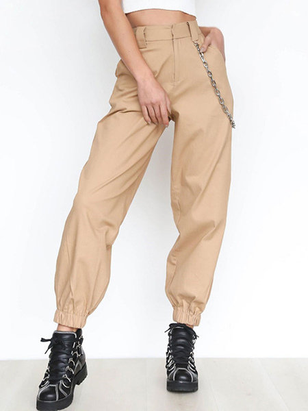 Milanoo Long Pants For Women Khaki Pockets Polyester Athletic Harem Trousers