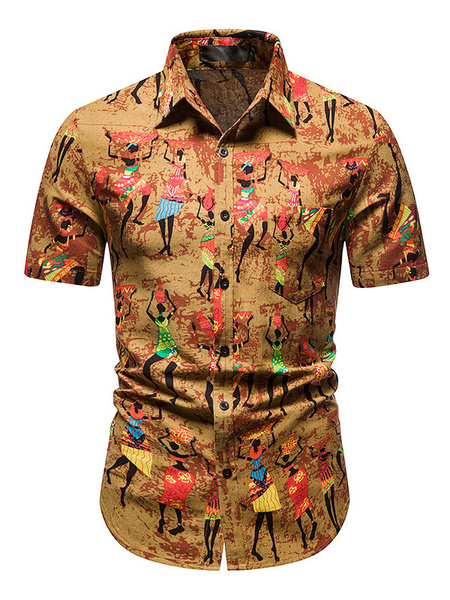Milanoo Casual Shirt For Man Turndown Collar Casual Artwork Amber Men's Shirts