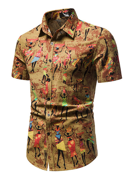 Milanoo Casual Shirt For Man Turndown Collar Casual Artwork Amber Men's Shirts
