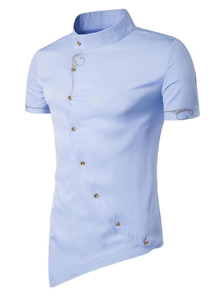 Milanoo Men's Casual Shirt Stand Collar Casual Geometric Light Sky Blue Men's Shirts