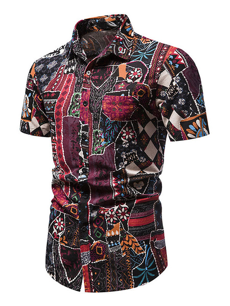 Milanoo Casual Shirt For Man Turndown Collar British Style Artwork Burgundy Men's Shirts