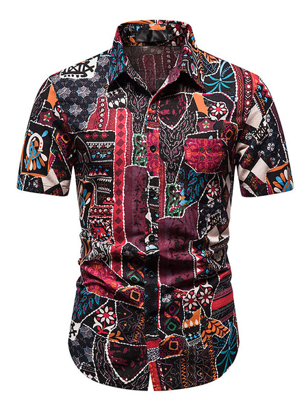 Milanoo Casual Shirt For Man Turndown Collar British Style Artwork Burgundy Men's Shirts