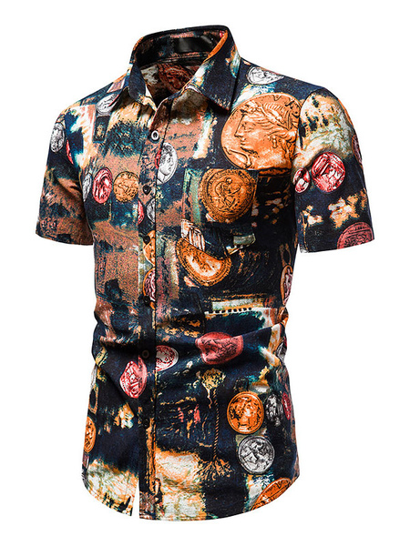 Milanoo Casual Shirt For Man Turndown Collar Casual Printed Coffee Brown Men's Shirts