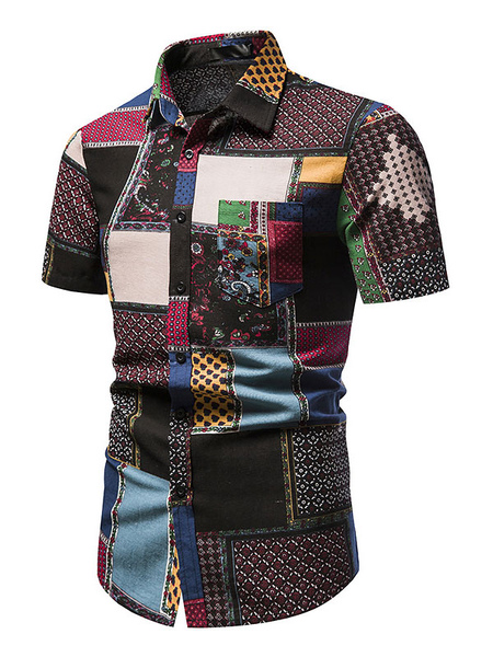 Milanoo Casual Shirt For Men Turndown Collar Chic Geometric Black Men's Shirts