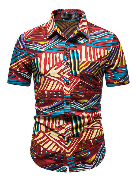 

Milanoo Men' Casual Shirt Turndown Collar Chic Geometric Red Men\' Shirts