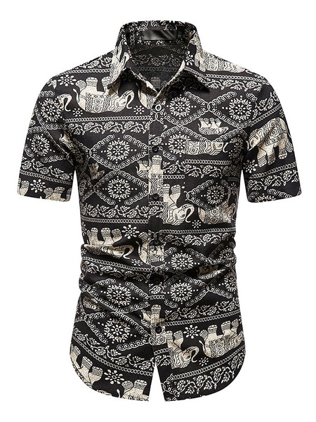 Milanoo Casual Shirt For Man Turndown Collar Chic Geometric Black Men's Shirts