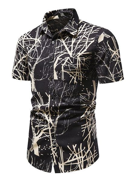 Milanoo Casual Shirt For Men Turndown Collar Chic Palm Tree Print Black Men's Shirts