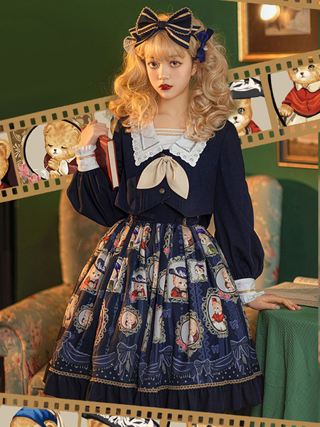 Milanoo Sweet Lolita Outfits Deep Blue Long Sleeves Top Teddy Bear Print Bows Ruffles Skirt 2-Piece
