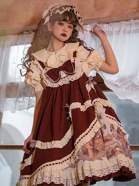 Milanoo Sweet Lolita JSK Dress Burgundy Polyester Bowknots Ruffles Sleeveless Lolita Jumper Skirt