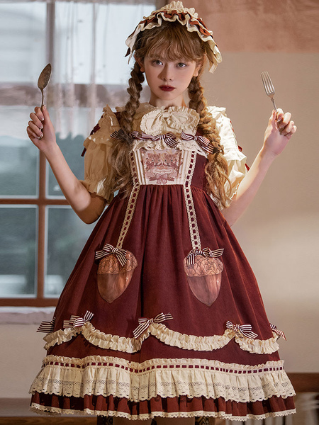 Milanoo Sweet Lolita JSK Dress Burgundy Polyester Ruffles Sleeveless Lolita Jumper Dress