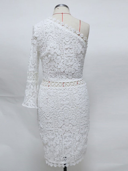 Lace Dresses White One-Shoulder Long Sleeves Open Shoulder Bodycon Midi Dresses