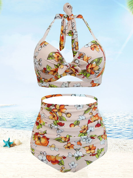 Milanoo Two Piece Vintage Swimsuits For Women Light Apricot Floral Printed Printed Knotted Halter La