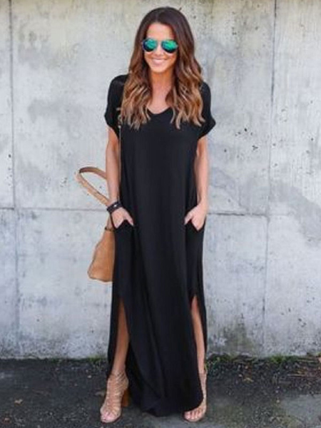 Milanoo Maxi Dresses Short Sleeves Black Jewel Neck Polyester Polyester Split Front Floor Length Dre
