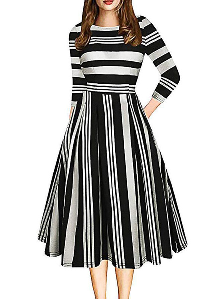 Milanoo 1950s Retro Dress Jewel Neck Half Sleeves Stripes Pattern Rockabilly Vintage Long Dress