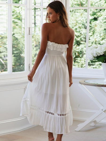 White Maxi Dresses Sleeveless Strapless Ruffles Backless Polyester Lace Up Ruffles Floor Length Dress