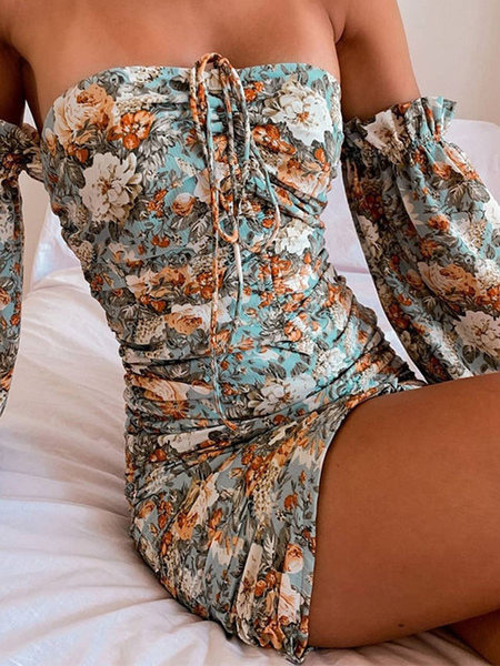 Milanoo Summer Dress Strapless Floral Print Pattern Pleated Backless Light Sky Blue Beach Dress Midi