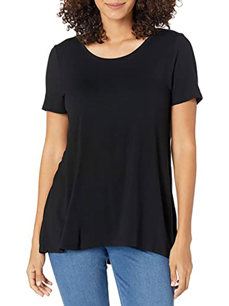 Milanoo Black Blouse For Women Short Sleeves Jewel Neck Polyester Casual T Shirt