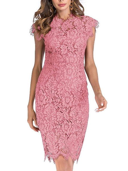 Bodycon Dresses Pink Sleeveless Designed Neckline Midi Dress Sheath Dress Casual Pencil Dress