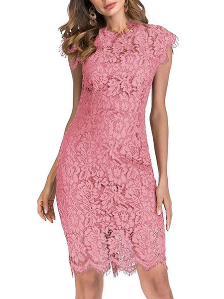 Bodycon Dresses Pink Sleeveless Designed Neckline Midi Dress Sheath Dress Casual Pencil Dress