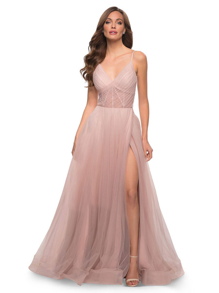 Milanoo Tulle Prom Dress V Neck A-Line Party Dress Tulle Sleeveless Wedding Guest Dresses