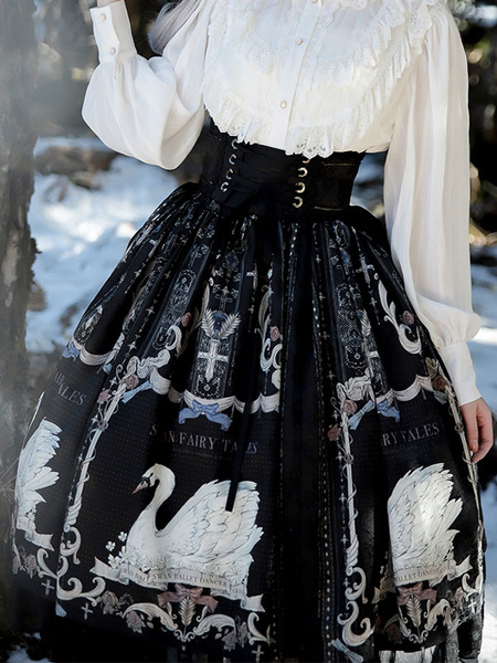 Image of Sweet Lolita SK Dress Swan Pattern Ruffles Gonne Lolita con retro in poliestere