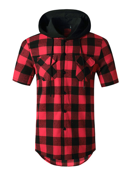 Milanoo Casual Shirt For Man Hooded Casual Plaid Red Men's Shirts