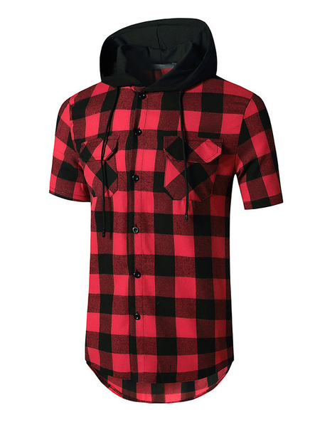 Milanoo Casual Shirt For Man Hooded Casual Plaid Red Men's Shirts