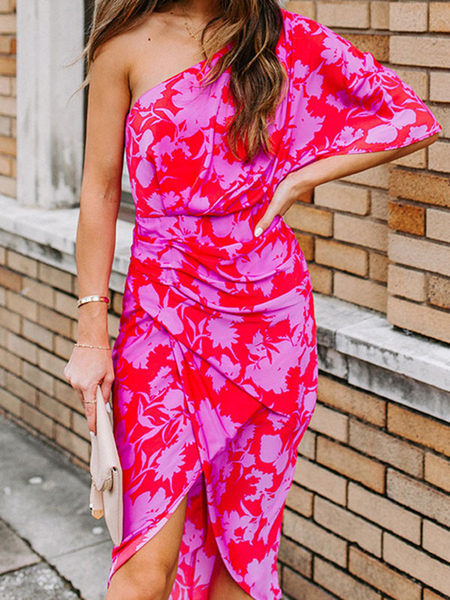 Summer Dress Oblique Shoulder Floral Print Pattern Backless Rose Red Beach Maxi Dress
