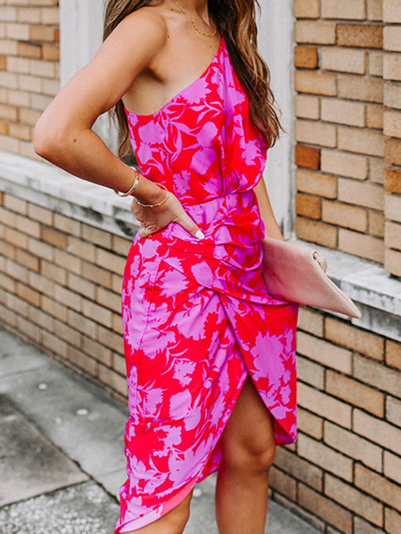 Summer Dress Oblique Shoulder Floral Print Pattern Backless Rose Red Beach Maxi Dress