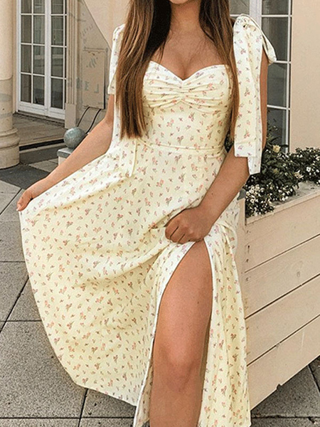 Summer Dress Beige Straps Neck Split Front Floral Print Pattern Polyester Beach Dress Long Dress