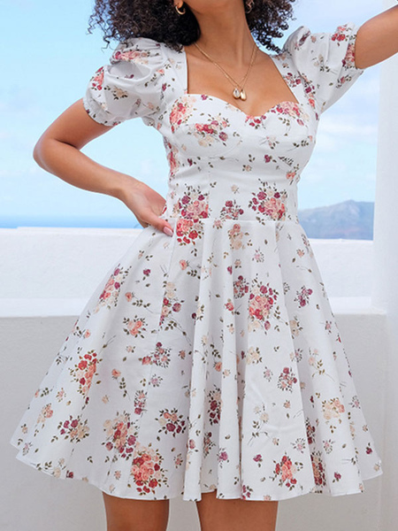 Milanoo Summer Dress White V-Neck Short Sleeve Floral Print Pattern Polyester Beach Dress Tunic Dres