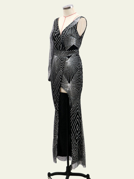 Party Dresses Black V-Neck Split Front Long Sleeves Printed Asymmetrical Semi Formal Dress