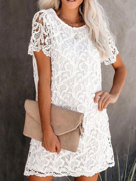Lace Dresses White Jewel Neck Short Sleeves Oversized Lace Casual Dresses