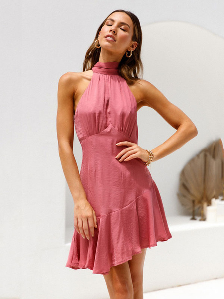 Summer Dress High Collar Ruffles Layered Rose Knee Length Beach Dress