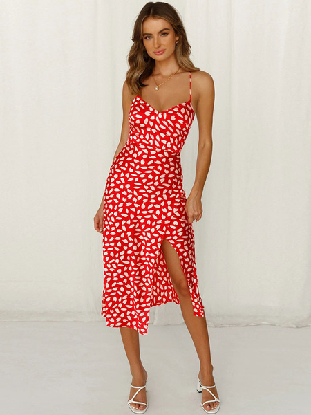 Summer Dress Straps Neck Printed Pattern Split Front Open Shoulder Red Long Beach Dress