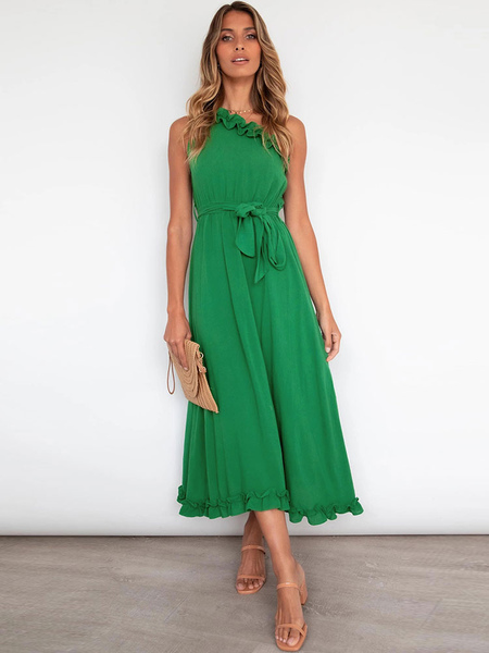Milanoo Maxi Dresses Sleeveless Green One-Shoulder Lace Up Irregular Polyester Long Dress