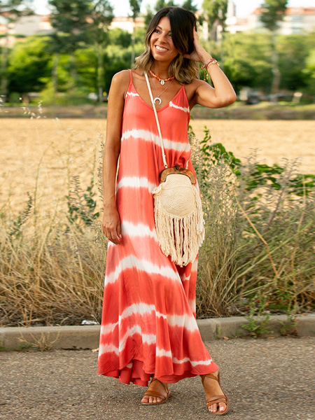 Milanoo Maxi Dresses Sleeveless Red Tie Dye Straps Neck Pleated Open Shoulder Polyester Floor Length