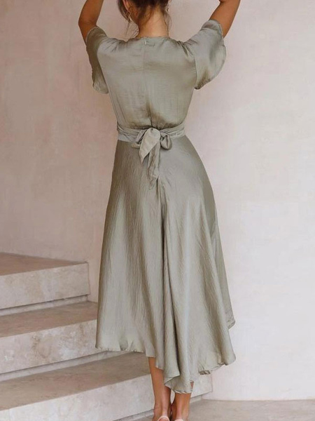 Maxi Dresses Short Sleeves Light Gray V-Neck Knotted Maxi High Low Design Polyester Floor Length Dress