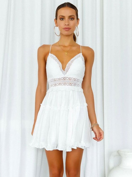 Summer Dress Peplum Spaghetti Layered White Knee Length Beach Dress