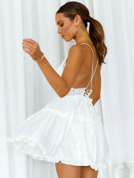 Summer Dress Peplum Spaghetti Layered White Knee Length Beach Dress
